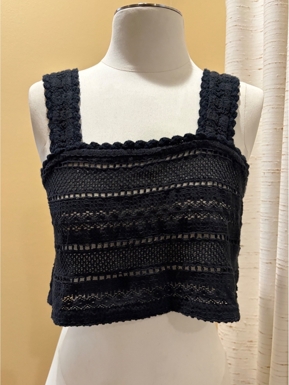 NWT Aerie Black Crochet Crop Tank Top Boho Square Neck S SMALL